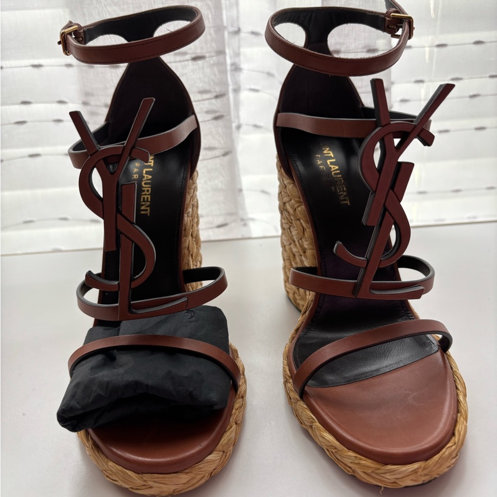 Saint Laurent Brown Wedge Sandals with Cork Platform